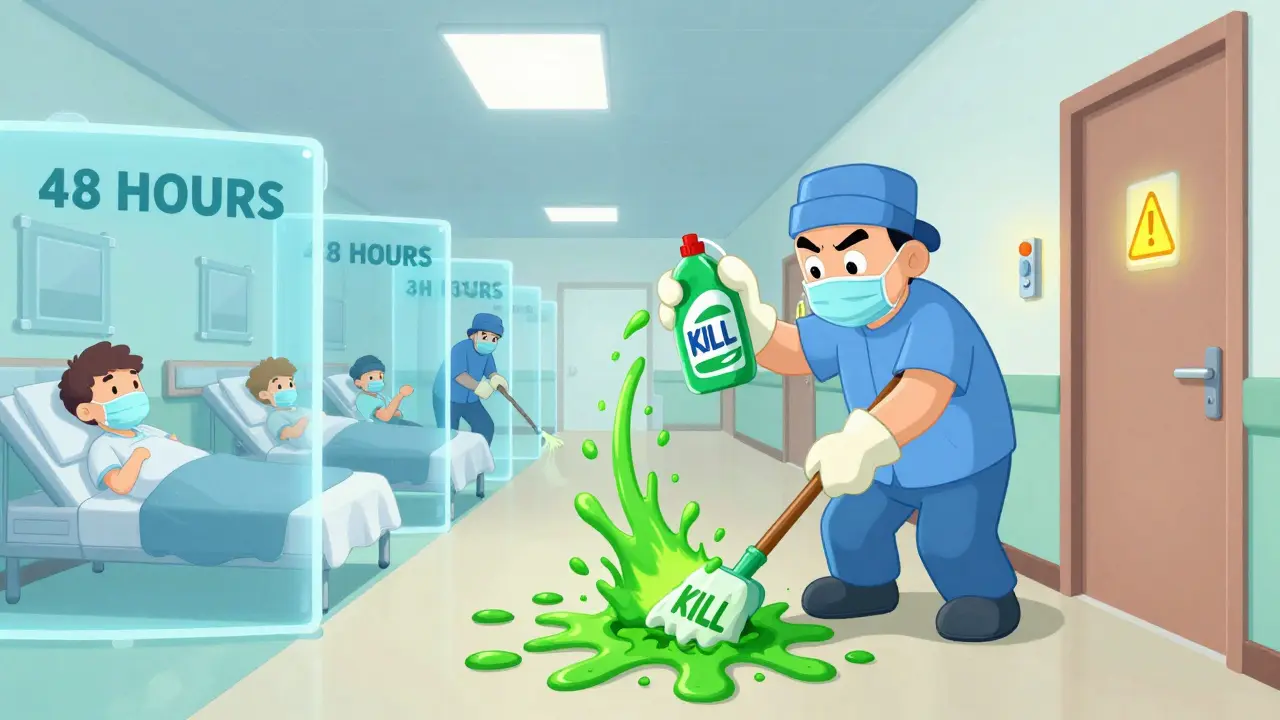 Health workers cleaning vomit with bleach wave, sick patients isolated behind force fields.