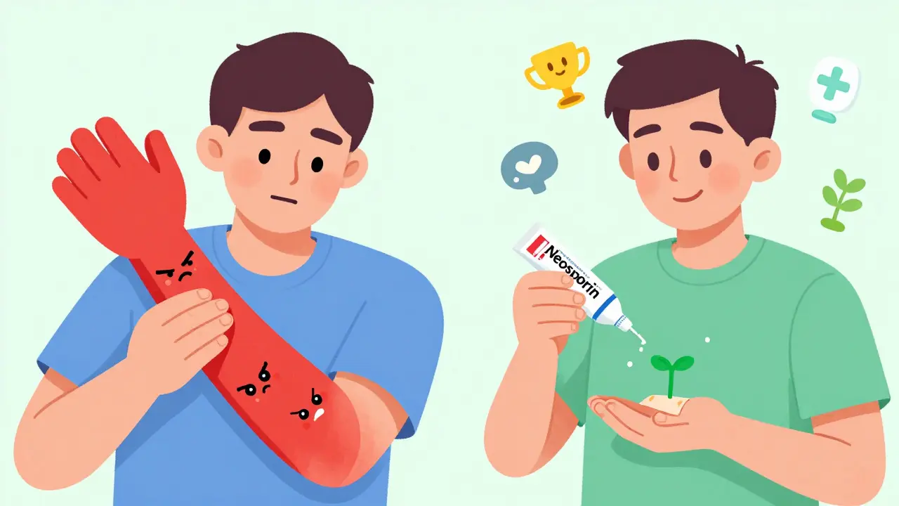 Man with allergic reaction to Neosporin vs. person using safe bacitracin ointment with healing sprouts.