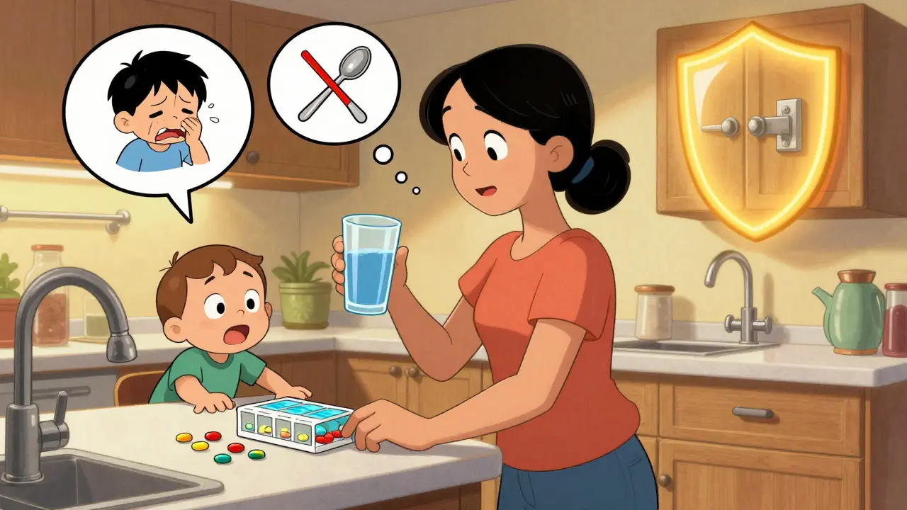 Mother turns away as toddler reaches for pill organizer on kitchen counter, cartoon style