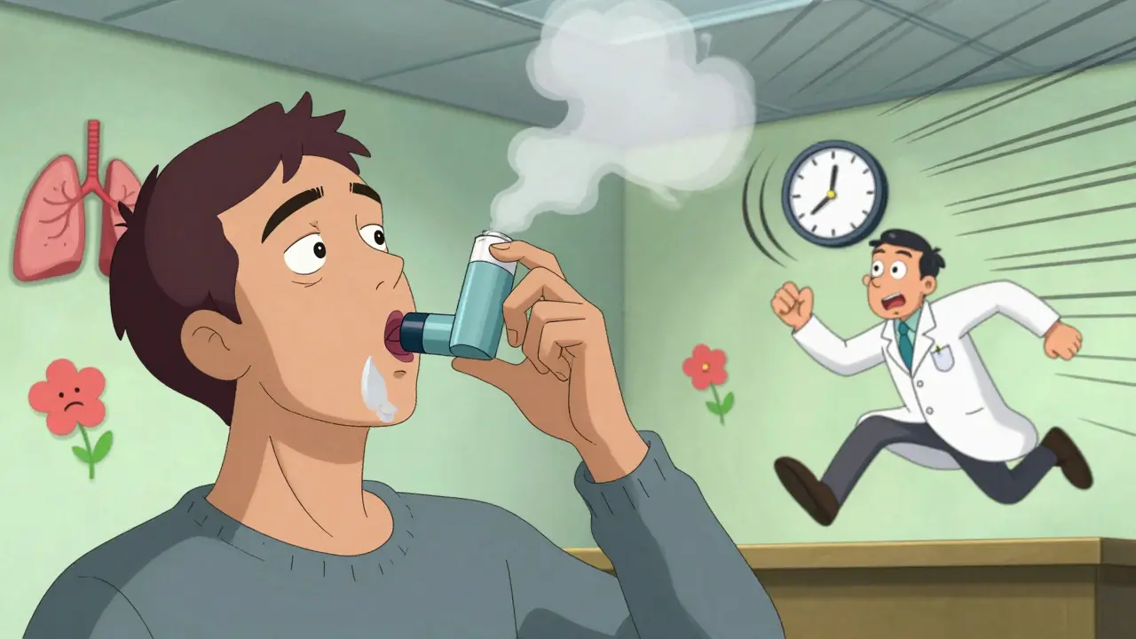 Patient inhaling wrong, medicine sticking to throat while lung wilts in background.