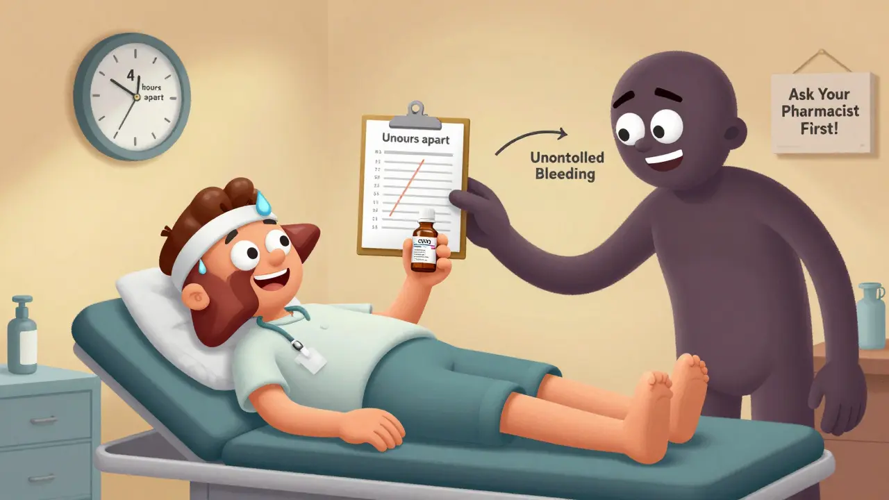 Patient on exam table with a stressed cartoon liver checking blood test results showing high enzyme levels.