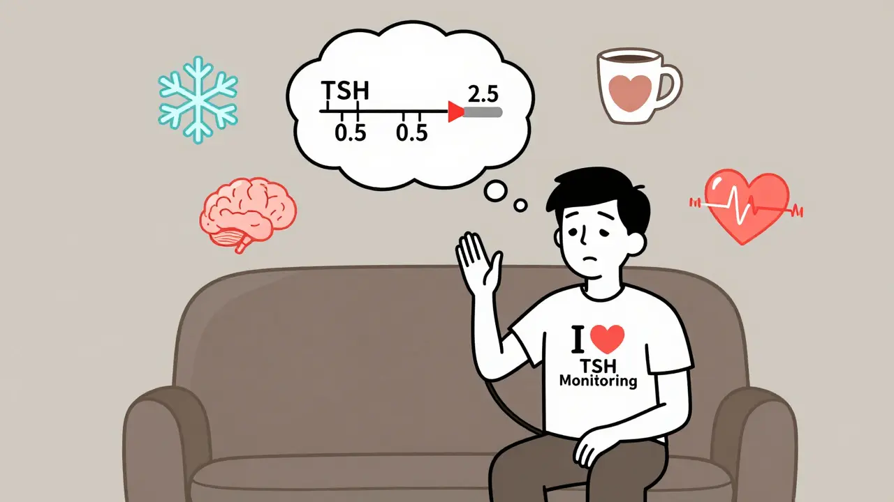 Patient with thought bubble showing ideal TSH range and symptom icons