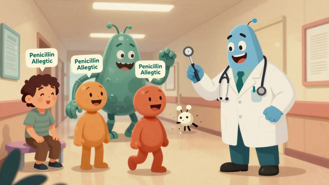 Patients losing their allergy labels as a friendly allergist transforms them, while a resistance monster shrinks.