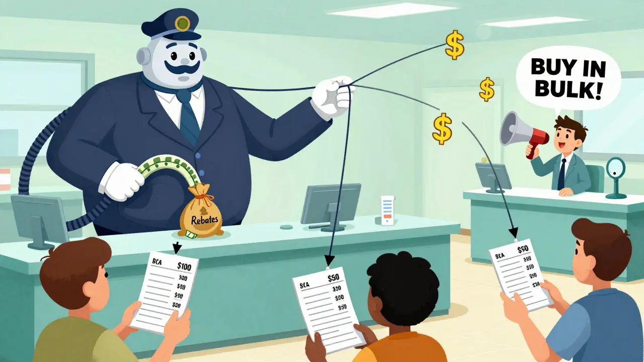 PBM puppet pulling money strings while patients see prescription prices drop, clinic owner shouts 'Buy in Bulk!'