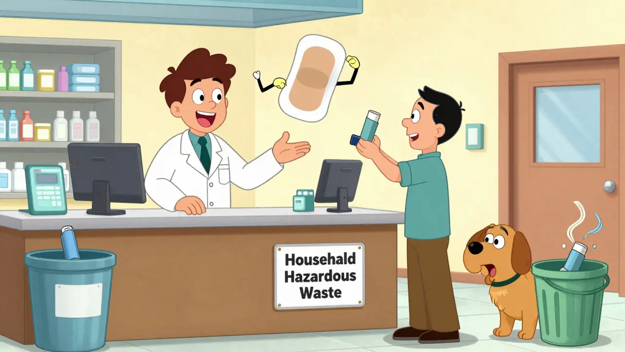 Pharmacist accepting inhaler as dog tries to steal unemptied canister from trash.