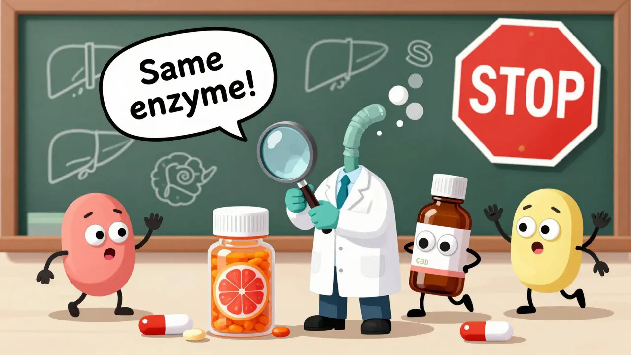 Pharmacist examining a pill bottle with grapefruit warning as a sneaky CBD bottle tries to sneak by.