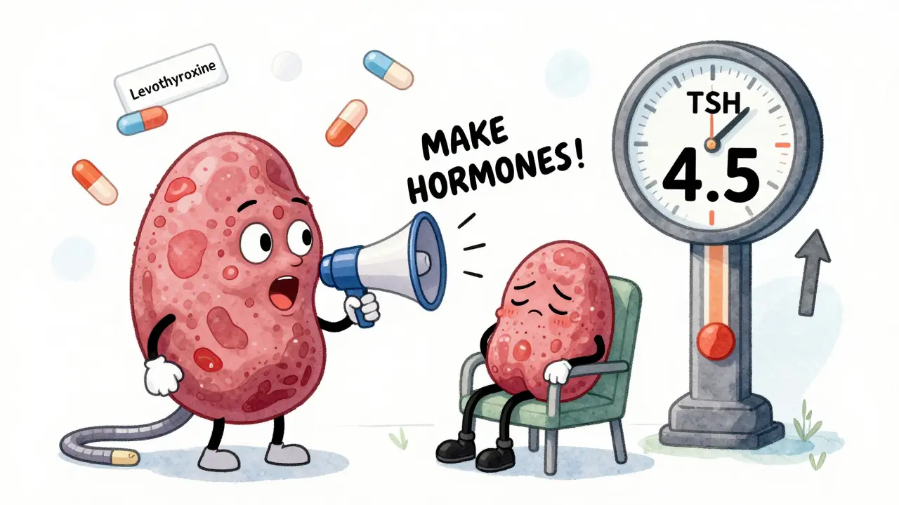 Pituitary gland shouting at a shrinking thyroid while TSH number floats above