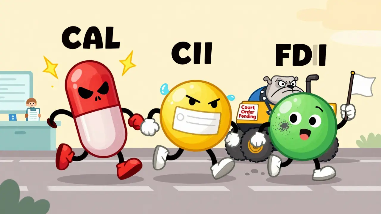 Three cartoon pills representing Class I, II, and III recalls, being chased by a slow FDA bulldozer.