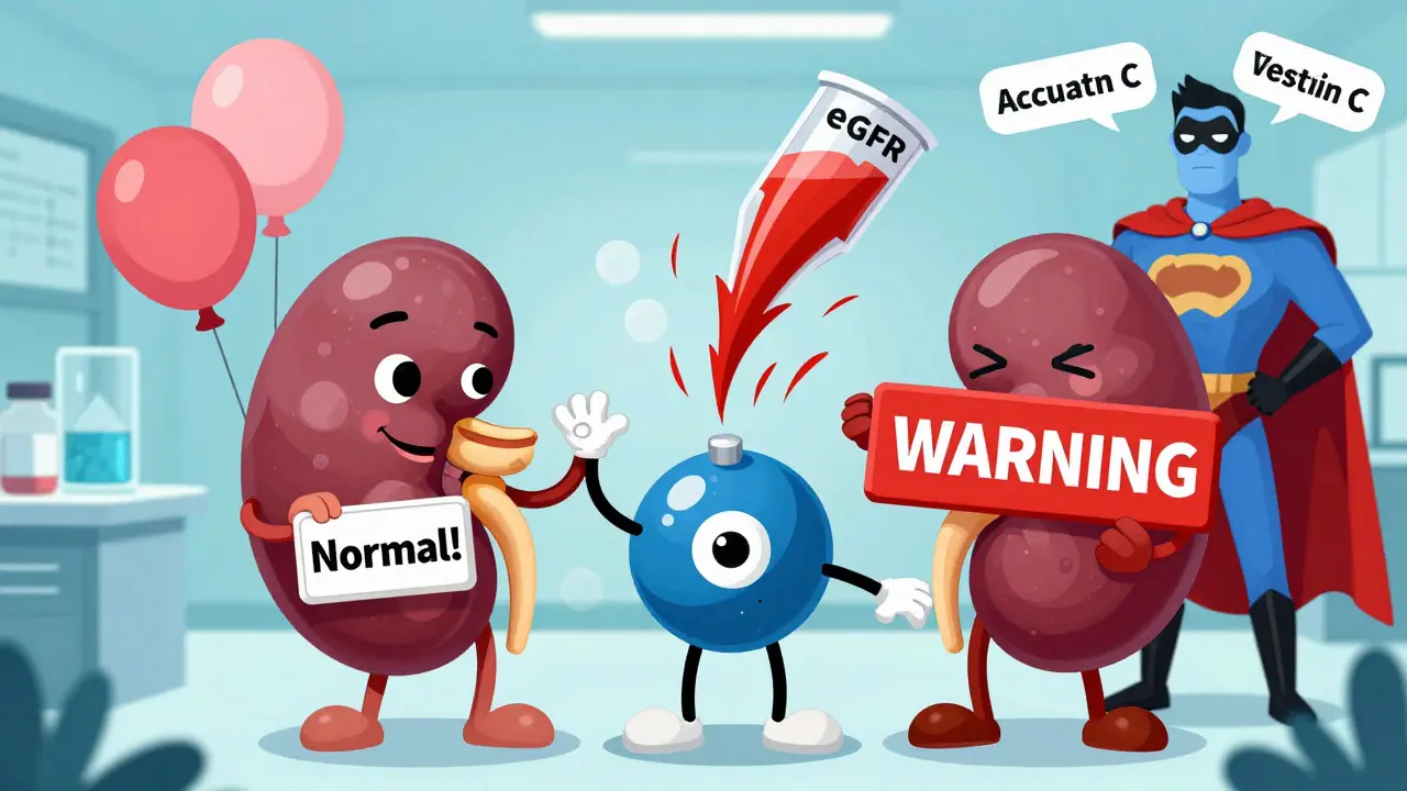 Two cartoon kidneys contrast each other as creatinine balloons inflate and a cystatin C superhero blocks the chaos.