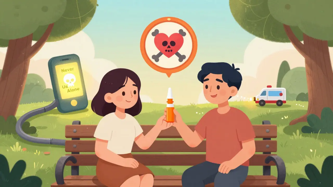 Two friends exchanging Narcan on a park bench, a heart replacing a warning sign, phone glowing with 'Never Use Alone' logo.