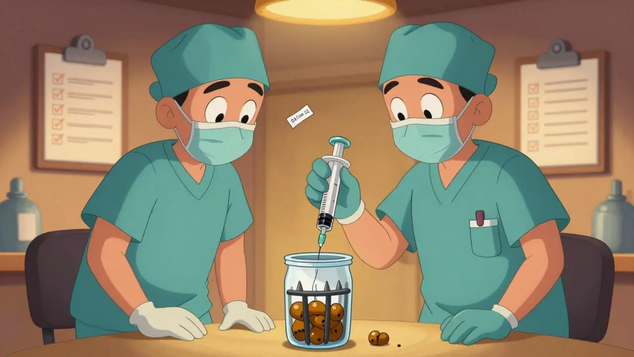 Two staff members destroying fentanyl syringe in a secure container