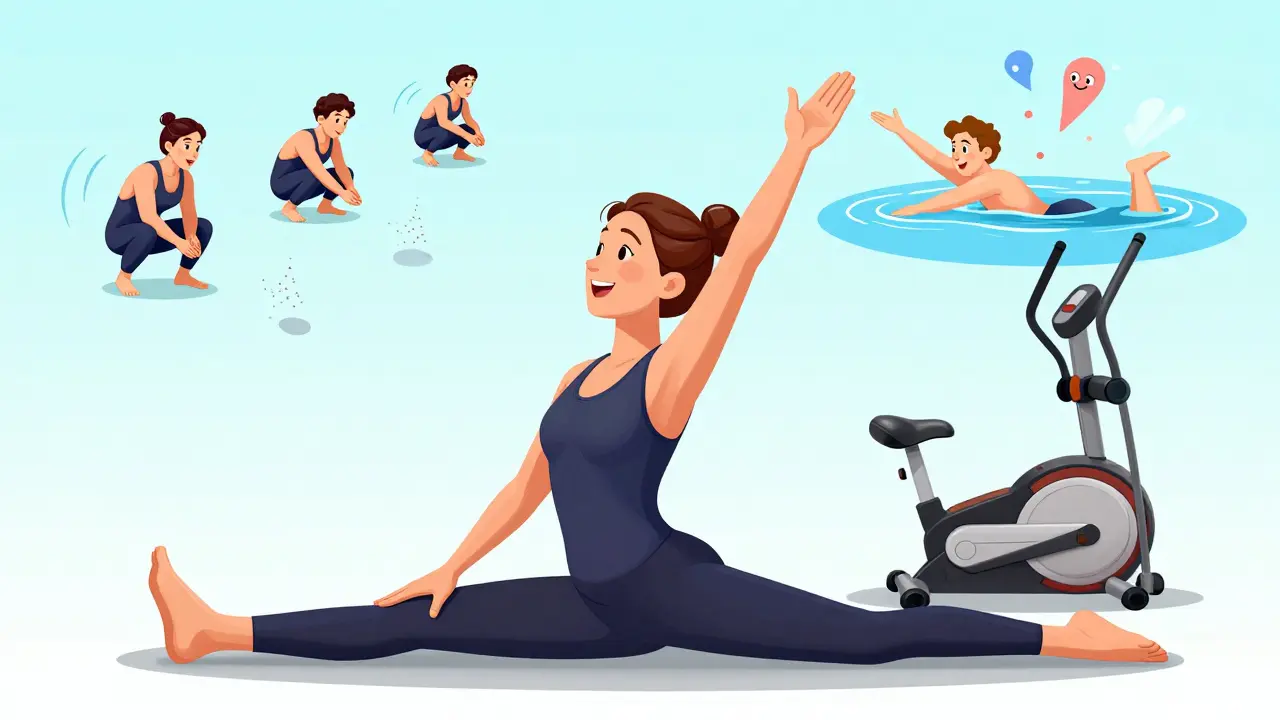 Yoga instructor replacing painful poses with safe alternatives using cushions and low-impact exercises.