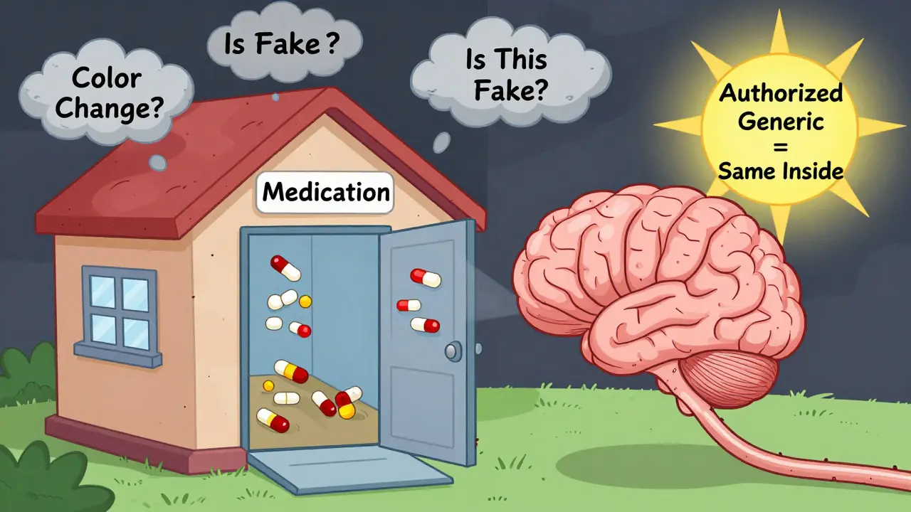 A cartoon brain shows identical inner contents of brand and generic pills despite different appearances.