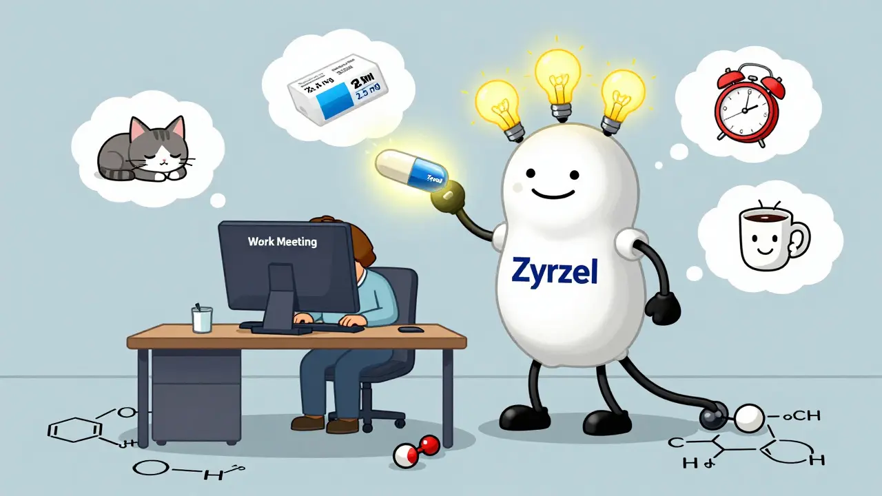 A drowsy person transformed into an alert figure by a glowing pill, with floating symbols of tiredness and energy.