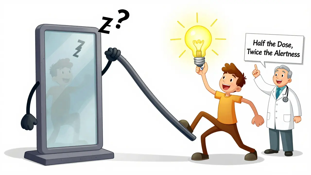 A funhouse mirror comparison showing one person droopy with a large pill, another bouncy with a small pill, on a tipping scale.