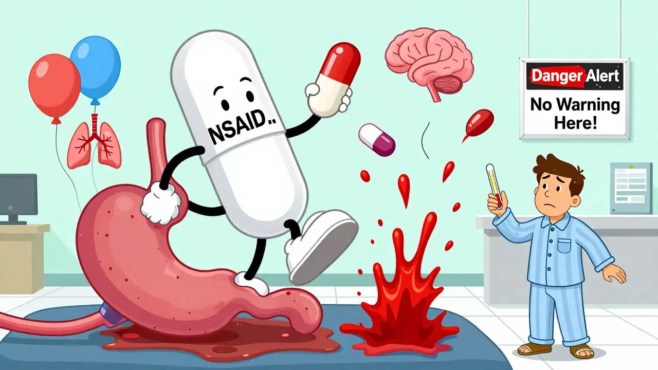 A giant NSAID pill crushes a warfarin tablet, causing blood to gush from a patient's stomach, brain, and lung, while a confused patient looks on.