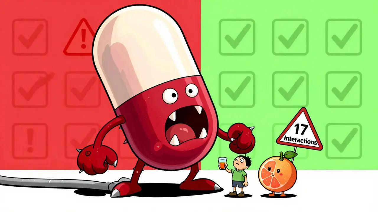 A giant scary cranberry supplement capsule looming over a person, next to a calm grapefruit labeled '17 Interactions' in a split-risk scene.