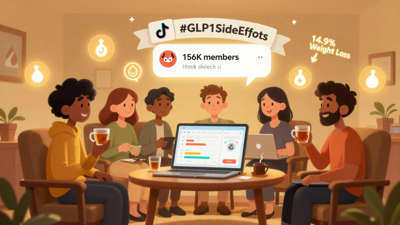 A group of people in an online support room sipping ginger tea and celebrating weight loss, with floating Reddit and TikTok icons.