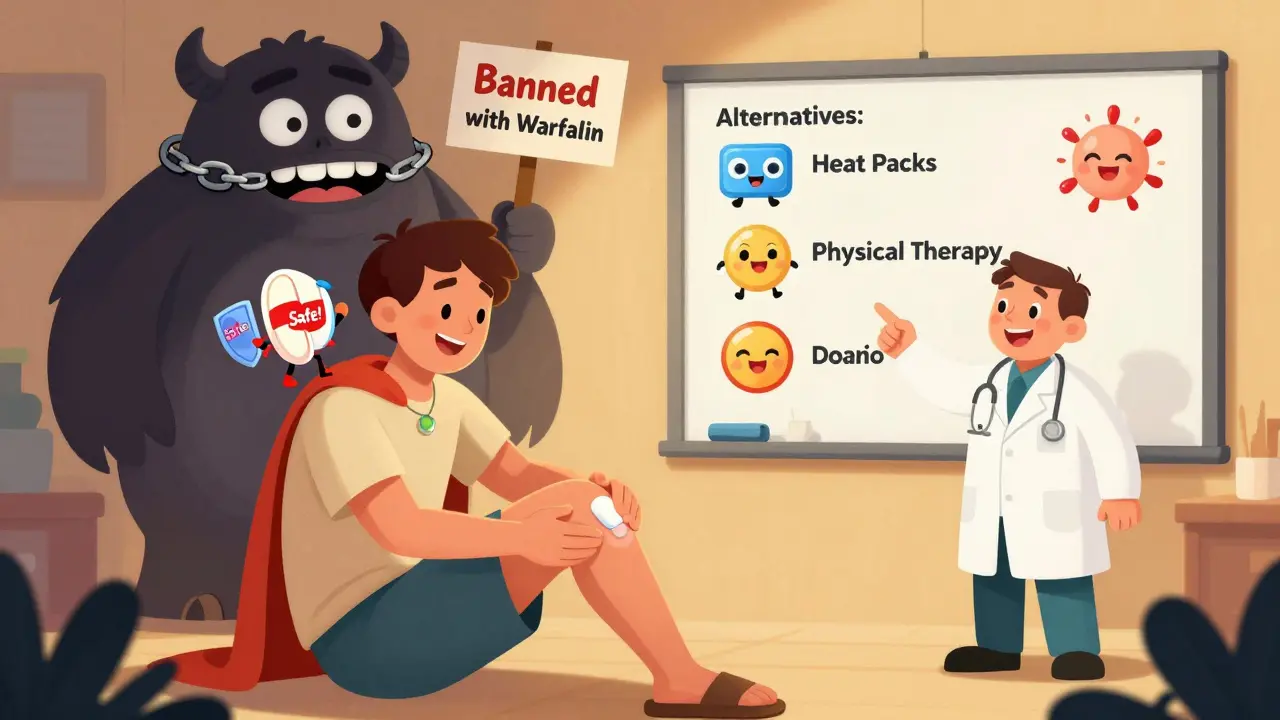 A patient applies safe topical gel while a cheerful acetaminophen tablet dances beside them, with a chained NSAID monster in the background.