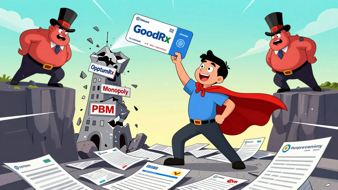 A patient wears a GoodRx cape as a PBM monopoly tower crumbles, with three giant PBM villains slipping off a cliff in a satirical cartoon scene.