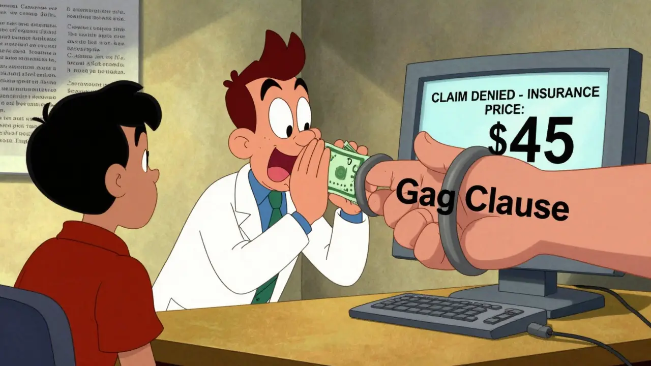 A pharmacist tries to whisper a .50 cash price to a patient, but a giant hand labeled 'Gag Clause' silences them, with insurance price flashing on screen.