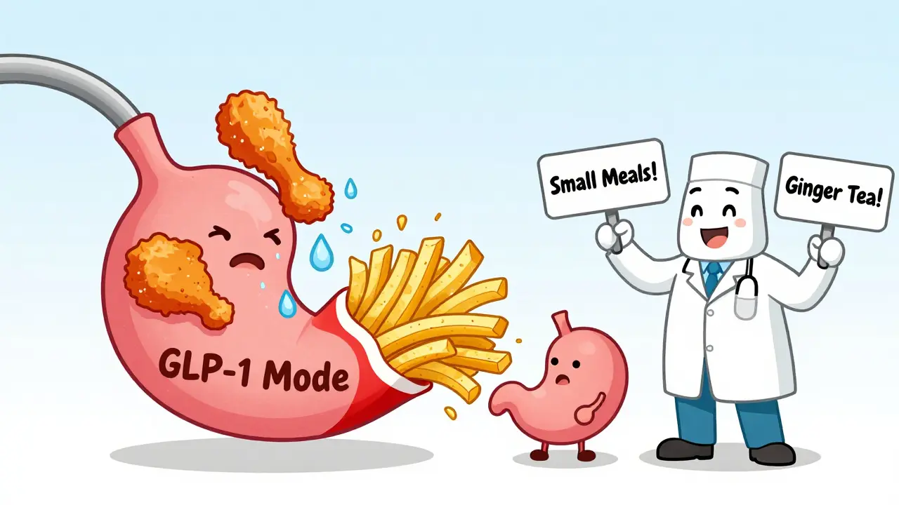 An oversized greasy meal clashing with a slow-moving stomach, while a doctor holds up signs for small meals and ginger tea.