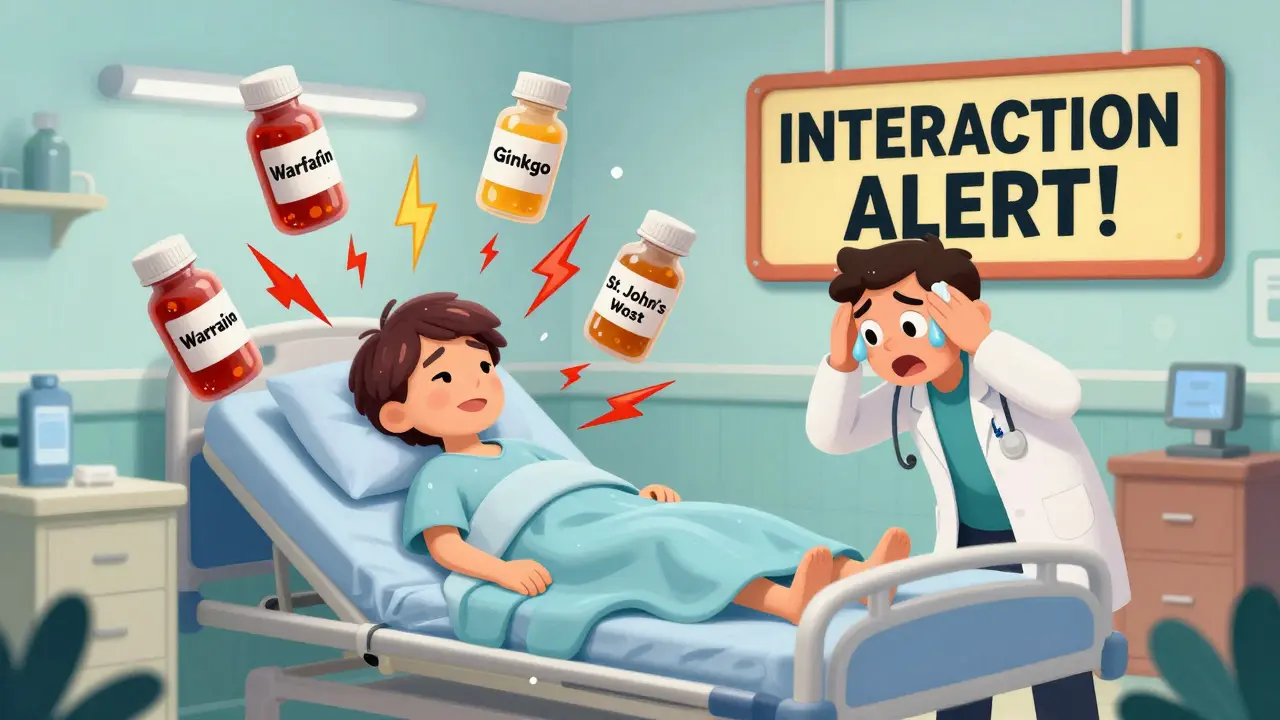 Dangerous interactions between pills like warfarin and ginkgo shown with lightning bolts in a hospital setting.