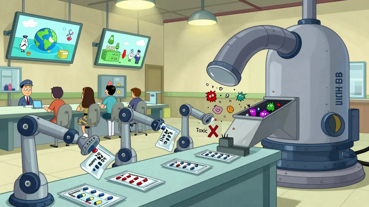 Factory robots packaging pills with AB ratings while toxic impurities are removed by a giant vacuum labeled ICH Q3B.