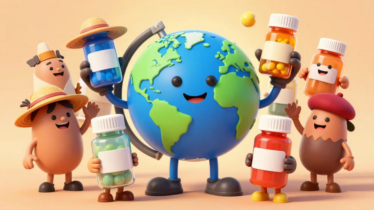 Globe character with country figures holding different pill bottles for same medication.