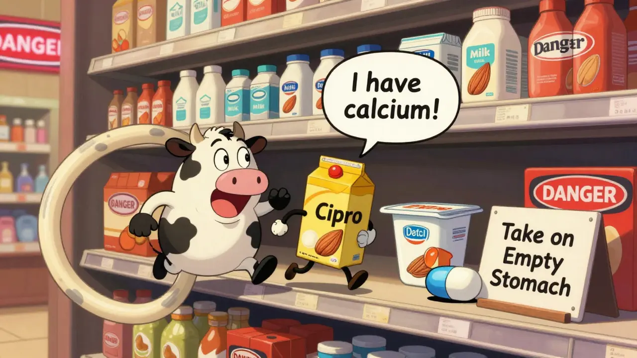 Milk, yogurt, and antacids chase an antibiotic pill through a grocery store, warning it not to take them together.