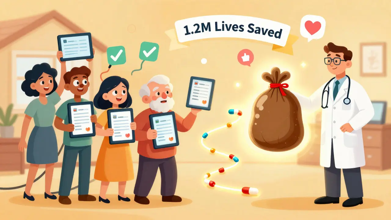 Patients sharing medication lists with doctors using digital tools and a brown bag for safer care.