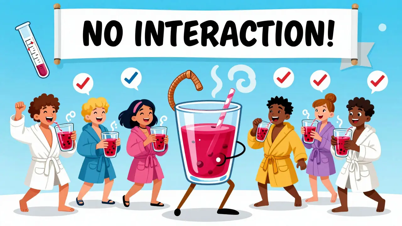 People happily drinking cranberry juice while taking antibiotics, with a flatline graph and checkmarks showing no drug interaction.