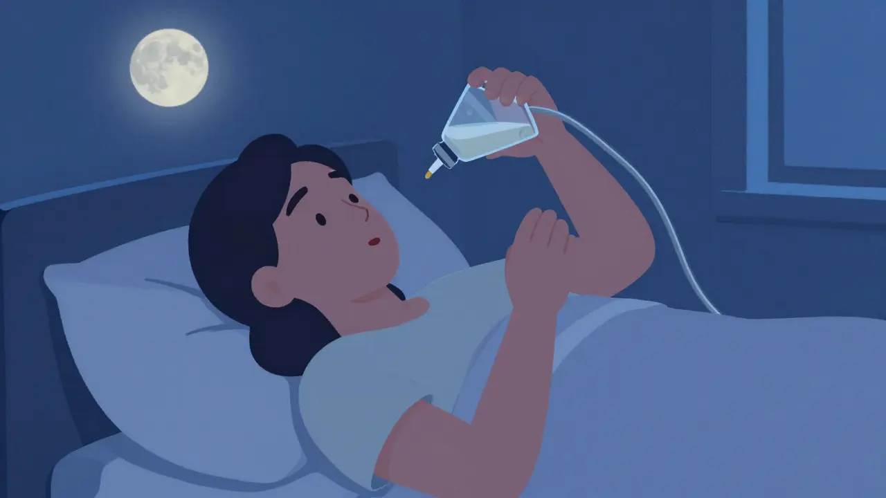 Person taking liquid medication at night under moonlight