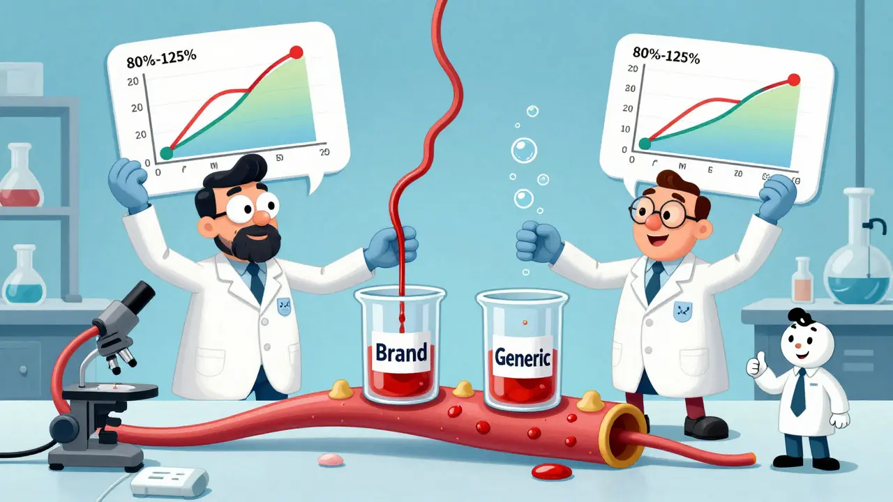 Scientists testing bioequivalence with stretchy limbs, measuring blood flow into beakers labeled Brand and Generic.