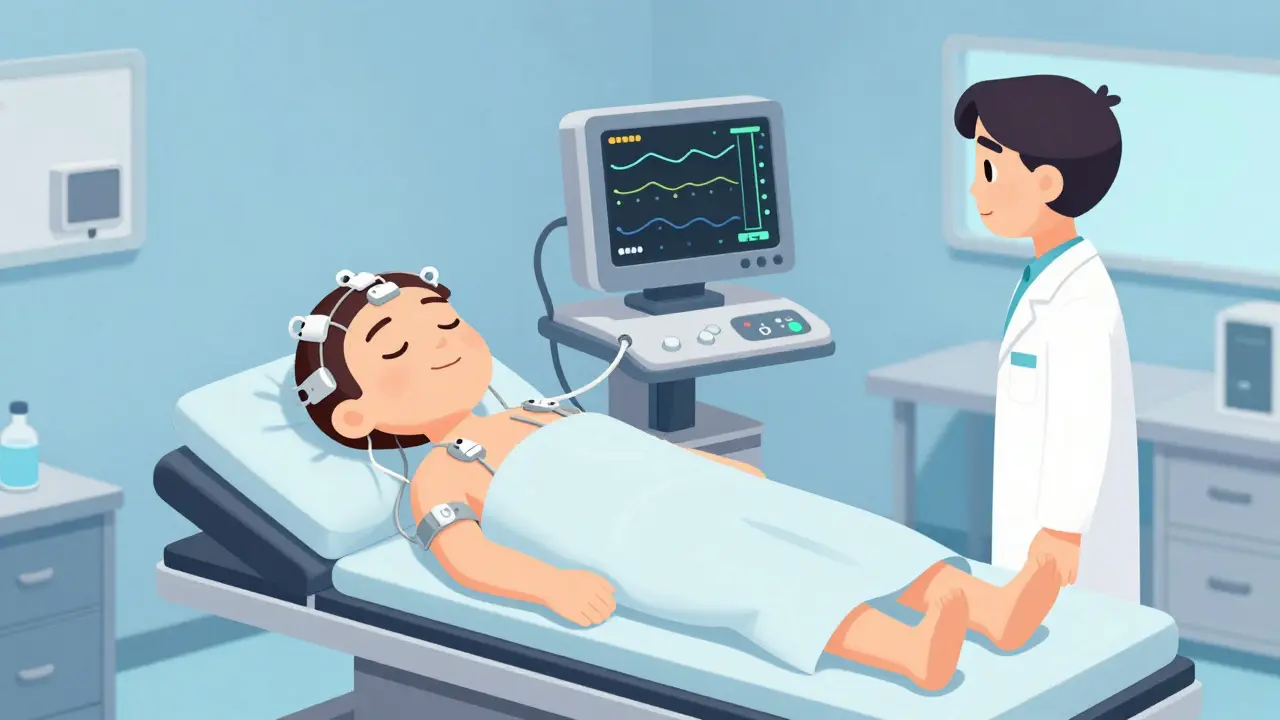 Sleep study technician monitoring electrodes on sleeping patient