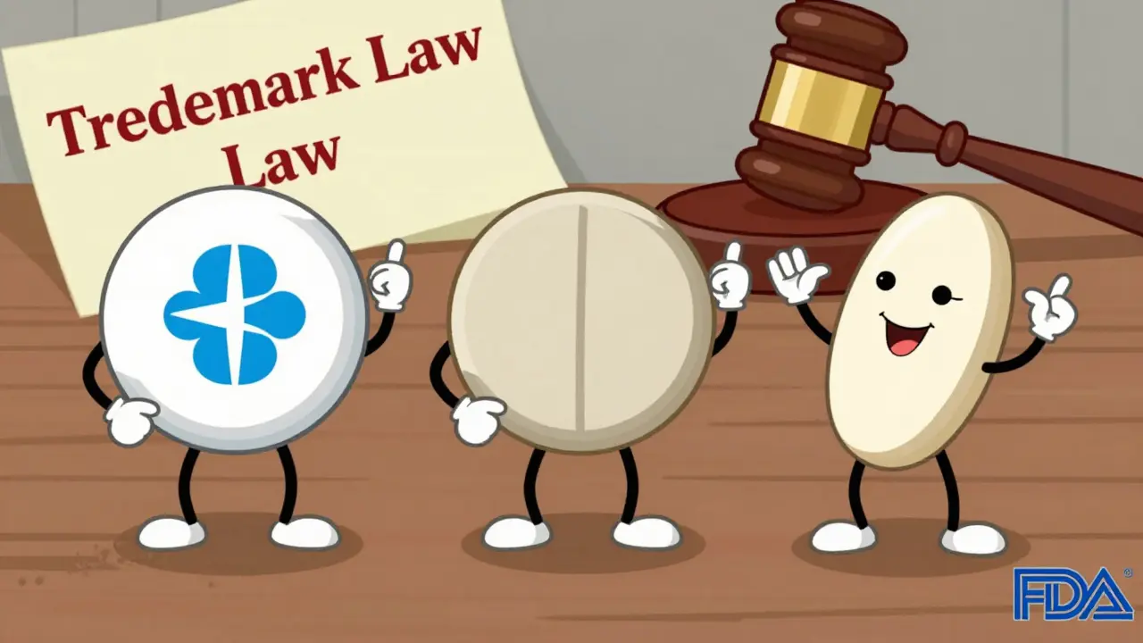 Three pills with different shapes and colors dance beside a legal gavel and FDA badge.