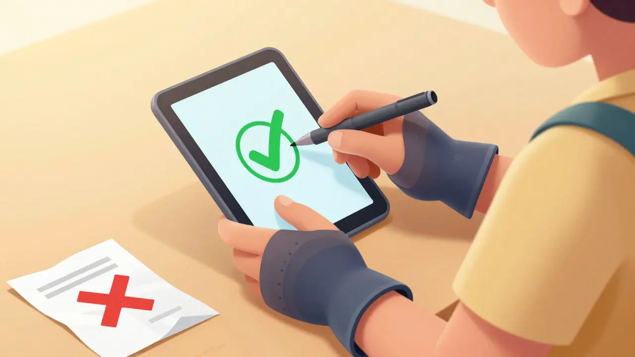 Traveler checking tablet with checkmark while red X lies crumpled nearby.