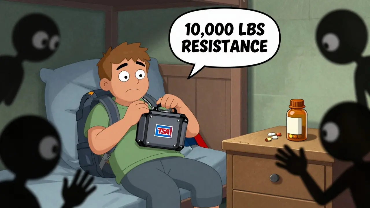 A backpacker stores medication in a locked box under their pillow in a hostel dorm, while others reach for unmarked pills.