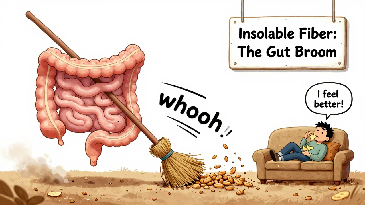A broom made of whole grains sweeping through a cartoon digestive tract, with a person feeling better on a couch.