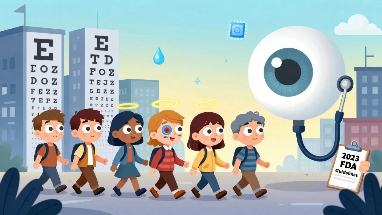 A cityscape of eye-shaped buildings with people showing medication-related eye conditions, watched over by a giant eye with a clipboard.