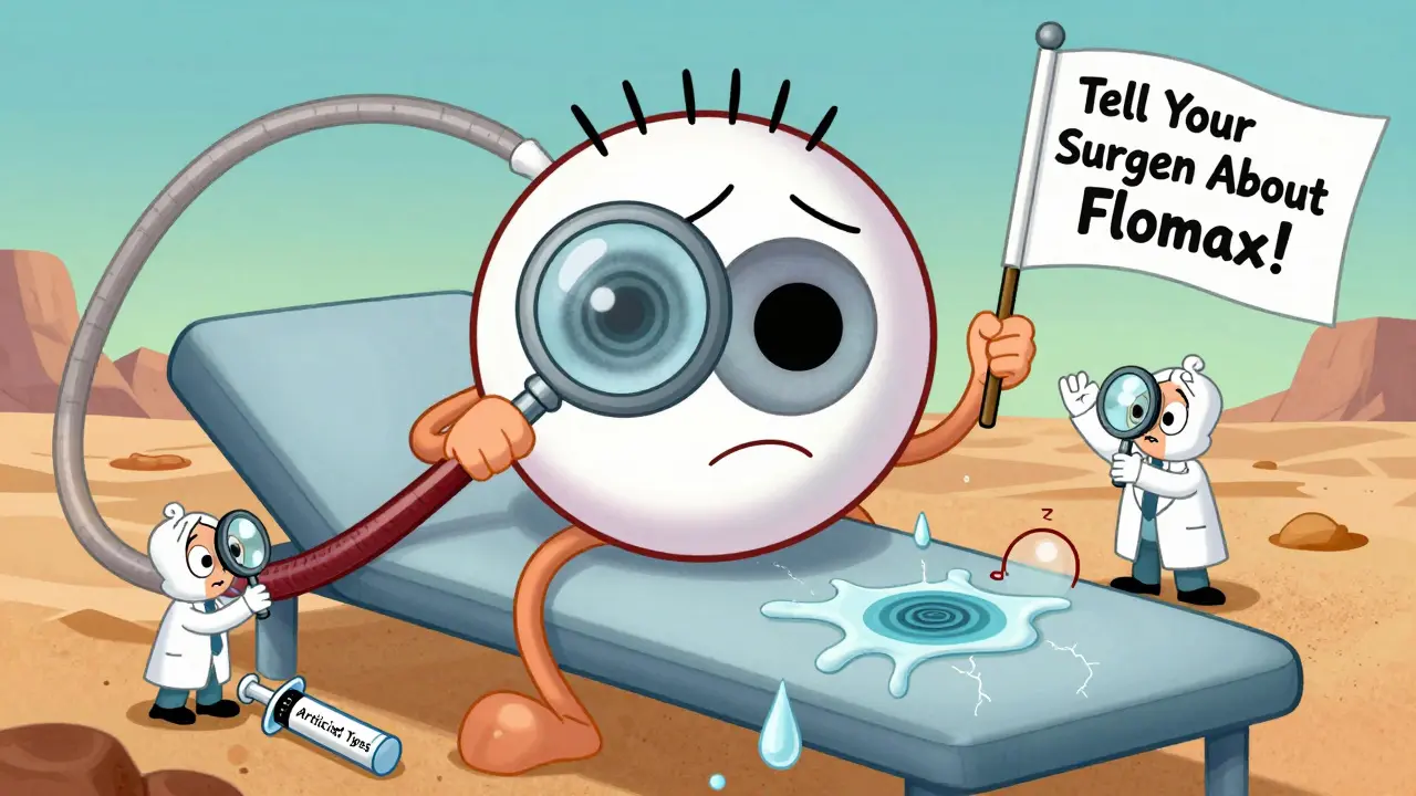 A giant worried eyeball on an exam table being examined by tiny doctors for corneal deposits and dry tear film.