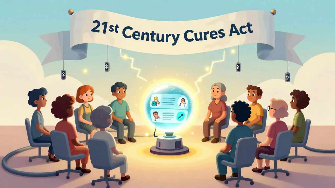 A group of patients listening to a glowing audio orb that summarizes their care, guided by whimsical Bluetooth beacons.