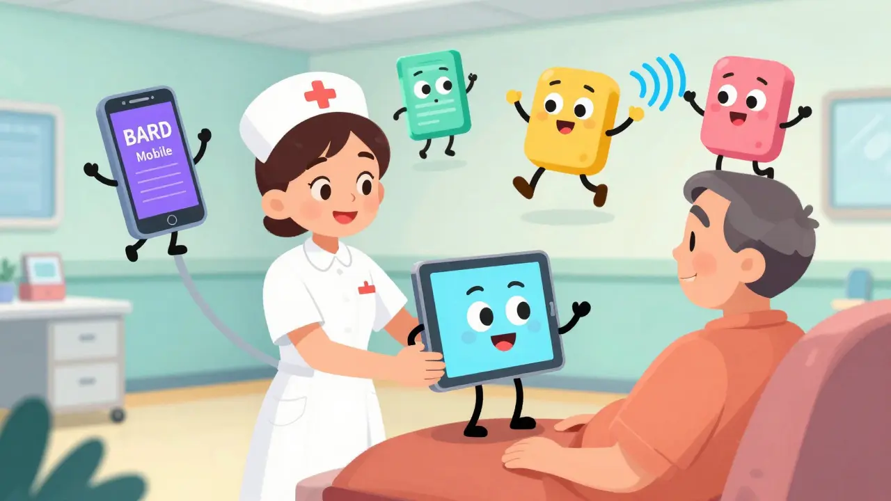 A nurse handing a patient a tablet that turns into a talking speaker, with friendly app characters dancing nearby.