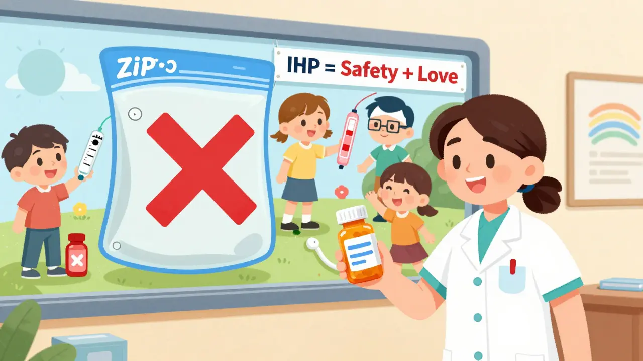 A parent gives a labeled pill bottle to a nurse as a Ziploc bag is tossed away, with a mural of kids using medical devices in the background.