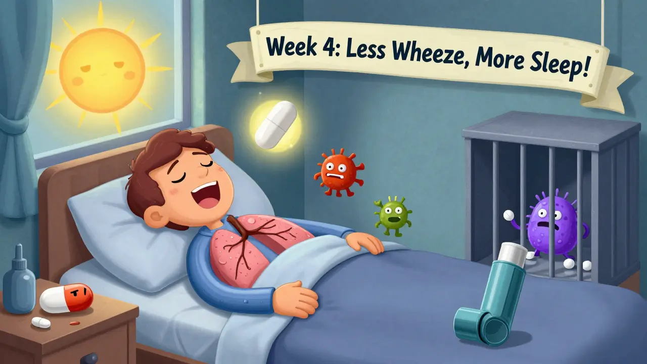 A peaceful asthma patient sleeps as inflammation monsters run away, with a glowing atenolol pill watching over them.