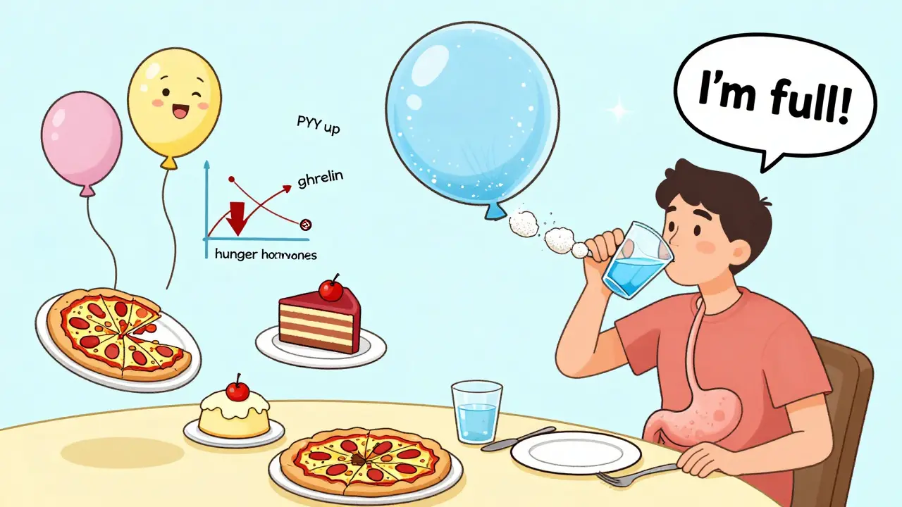 A person drinking psyllium with water, watching unhealthy foods float away as their stomach says 'I'm full!'