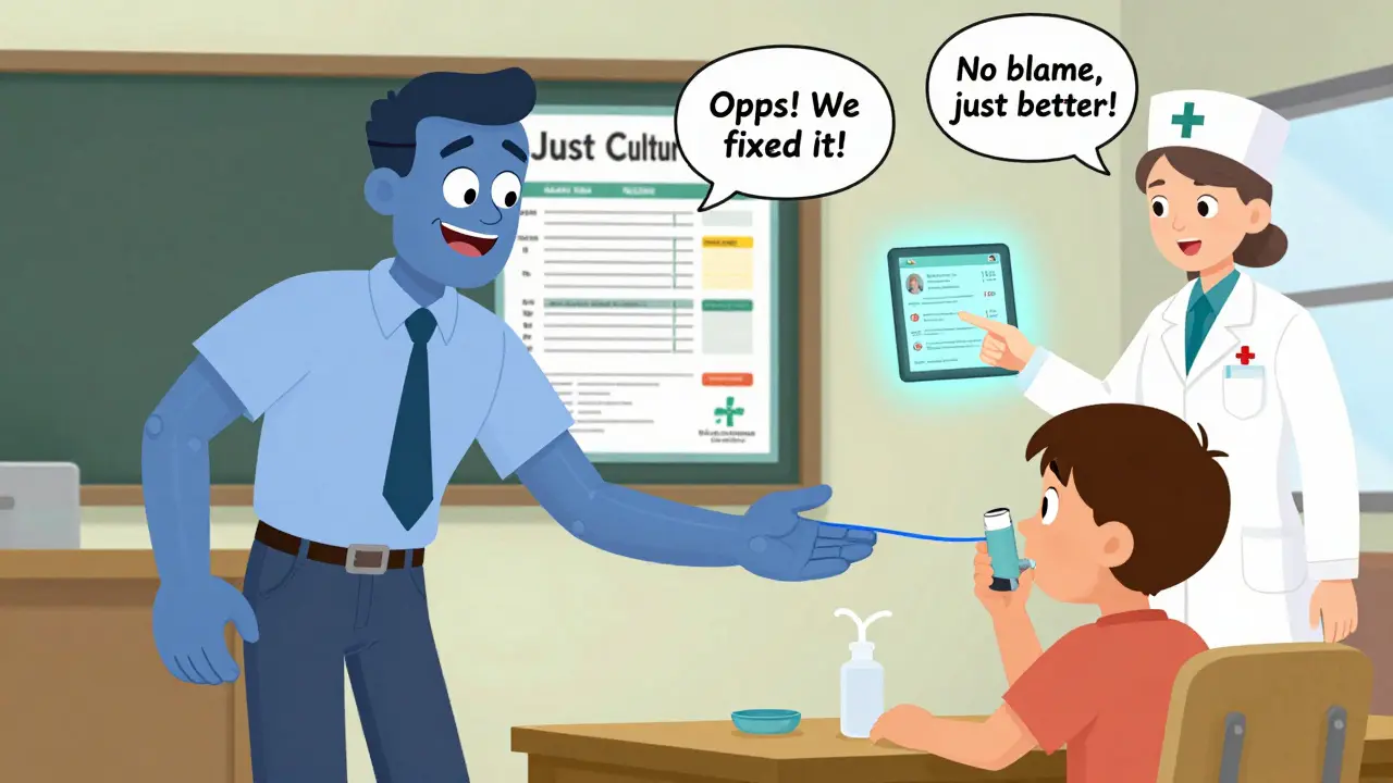 A school aide hands an inhaler to a student while a nurse monitors an electronic health record with a 'Just Culture' poster on the wall.