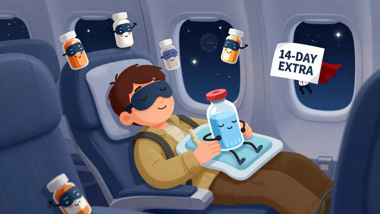 A sleeping traveler surrounded by friendly, anthropomorphic pill bottles and a cooling pack hugging insulin, with a doctor’s letter flying like a superhero.