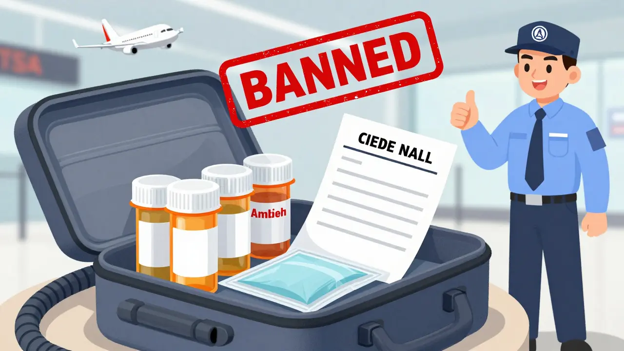 A traveler unpacking labeled medication bottles and a doctor’s letter at airport security, with banned pills marked by oversized red stamps.
