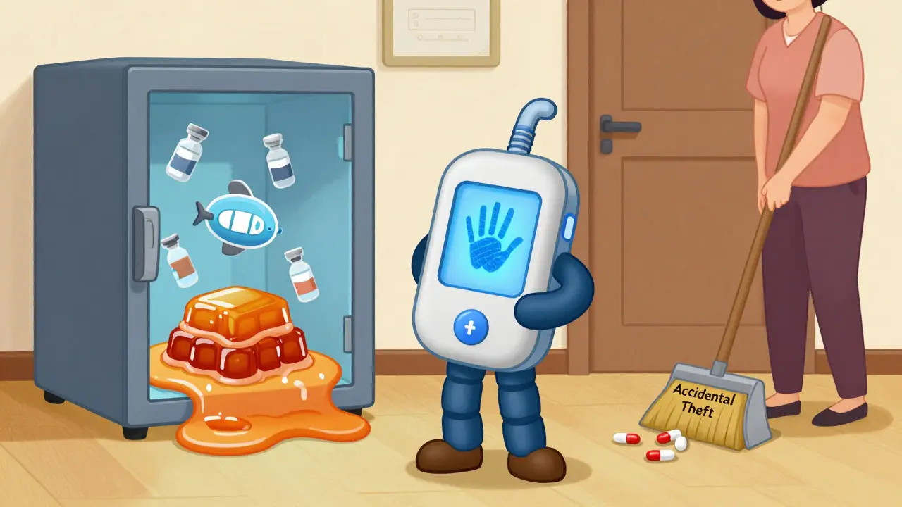 A traveler uses a biometric cooler to safely store insulin, while a melting safe and spilled pills show the risks of poor storage.